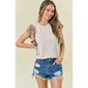 Beige Ribbed Top with Leopard Flutter Sleeves