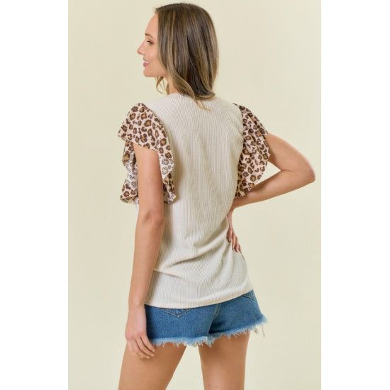 Beige Ribbed Top with Leopard Flutter Sleeves