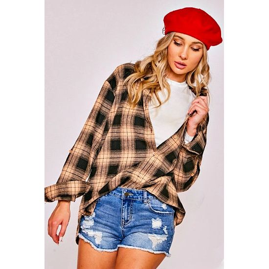 Taupe and Black Plaid Button Down Top - Rhinestone Gal