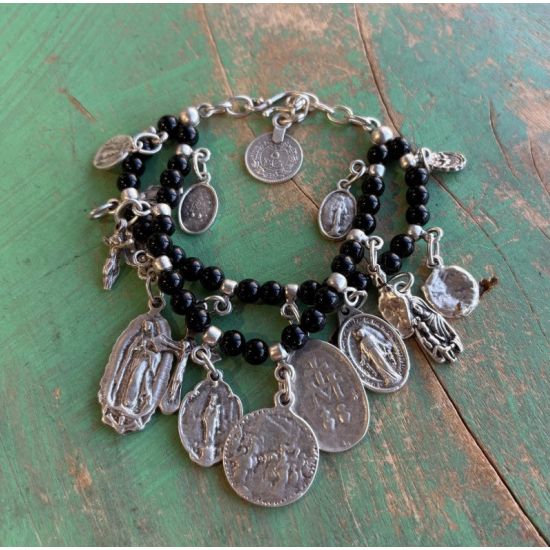 Faith & Charm Double Strand Medal Bracelet – Black Bead