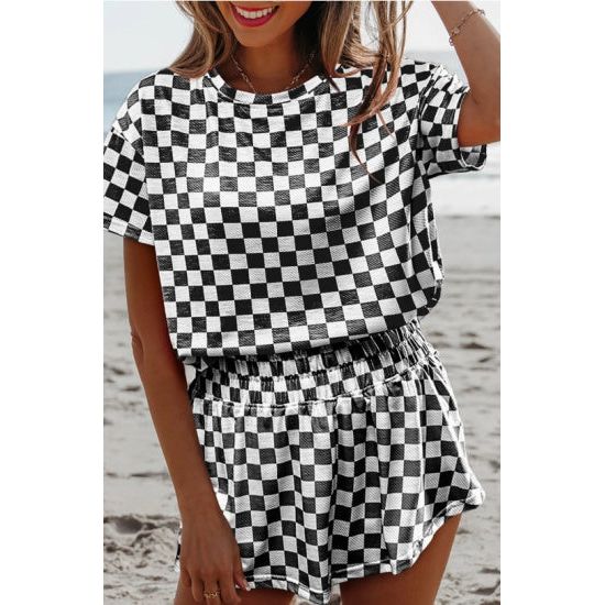 Black Checkerboard Top & High Waist Skort Set