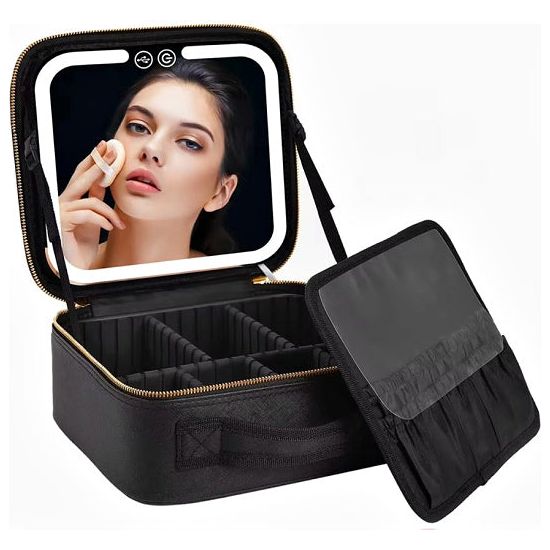 Black Lighted Makeup Bag with Adjustable Mirror and 3 Color Lighting