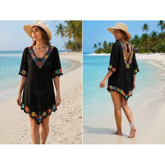 Black Floral Crochet Beach Cover Up