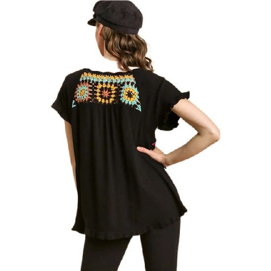 Umgee Black Linen Top with Colorful Crochet Patches - Rhinestone Gal