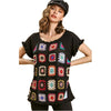 Umgee Black Linen Top with Colorful Crochet Patches