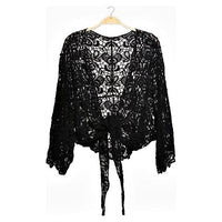 Black Floral Crochet Front Tie Up Kimono