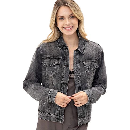 Jacket with Angel Wing Sequins Patch in Black Denim