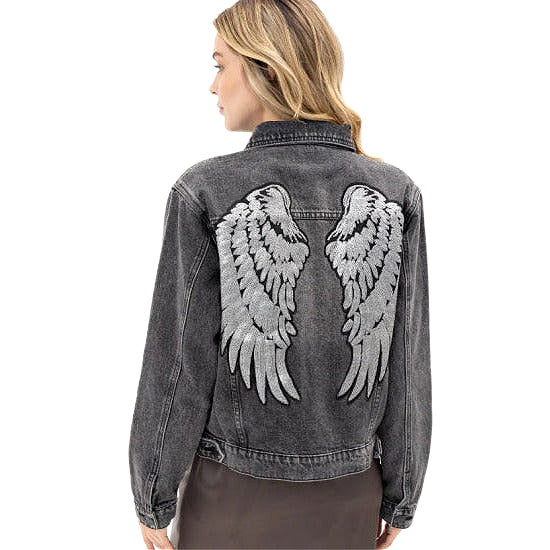 Jacket with Angel Wing Sequins Patch in Black Denim