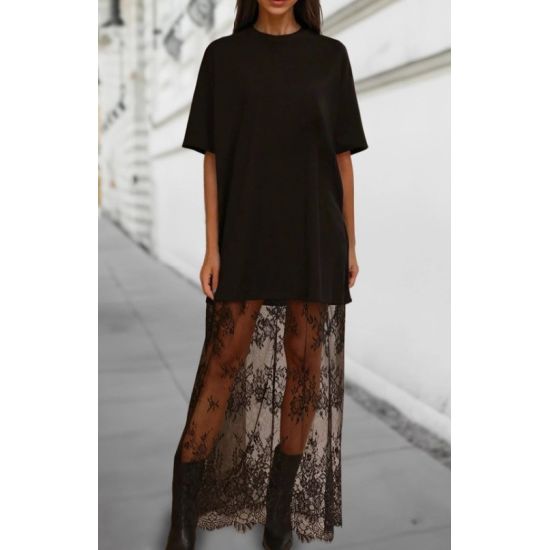 Black Tee Dress with Lace Maxi Hem