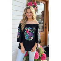 Flower & Bird Embroidered Black Bell Sleeve Top – Off Shoulder
