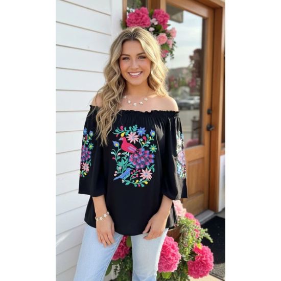 Flower & Bird Embroidered Black Bell Sleeve Top – Off Shoulder