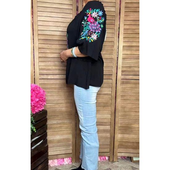 Flower & Bird Embroidered Black Bell Sleeve Top – Off Shoulder