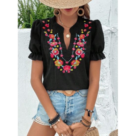 Black Swiss Dot Puff Sleeve Floral Embroidery Top