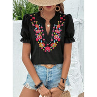 Black Swiss Dot Puff Sleeve Floral Embroidery Top