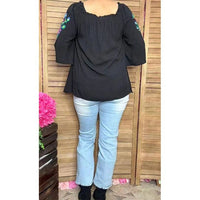 Flower & Bird Embroidered Black Bell Sleeve Top – Off Shoulder