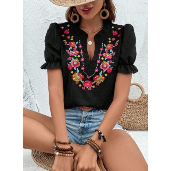 Black Swiss Dot Puff Sleeve Floral Embroidery Top