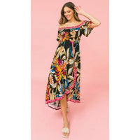 Black Tropical Off Shoulder Hi-Lo Dress