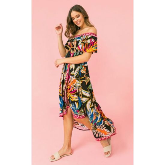 Black Tropical Off Shoulder Hi-Lo Dress
