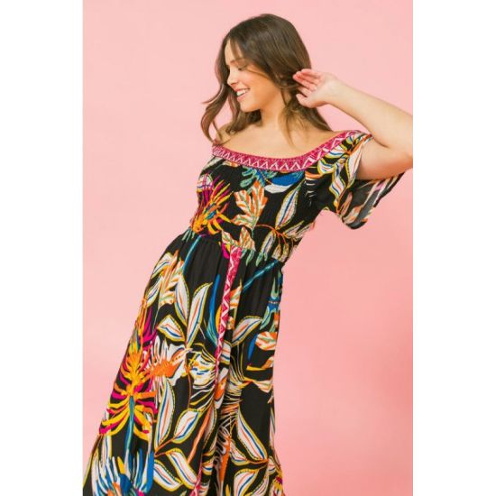 Black Tropical Off Shoulder Hi-Lo Dress