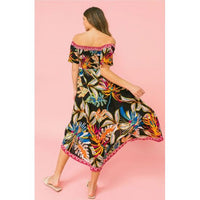Black Tropical Off Shoulder Hi-Lo Dress