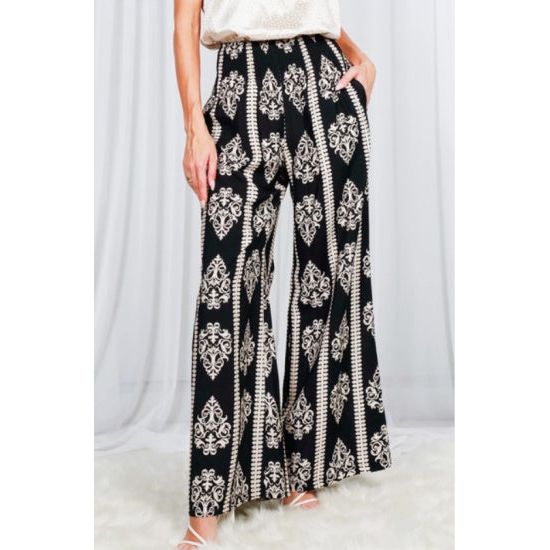 Black & White Geo Print Luxe Boho Wide-Leg Pants