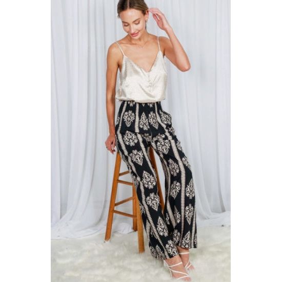 Black & White Geo Print Luxe Boho Wide-Leg Pants