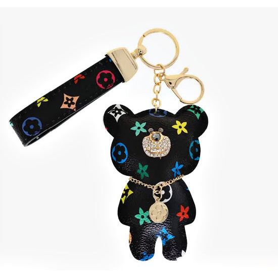 Vegan Leather Teddy Bear Wristlet Keychain - Rhinestone Gal