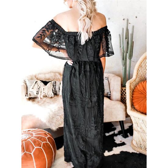 Black Lace Off Shoulder Maxi Dress - Rhinestone Gal