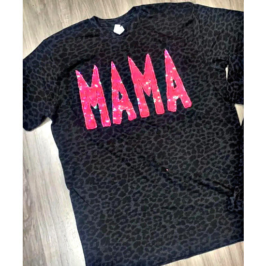 Black Leopard Tee with Sequins Sewn Mermaid Mama - Rhinestone Gal