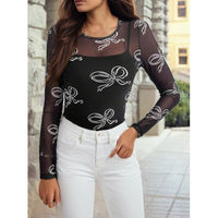 Black Mesh Bow Print Long Sleeve Top