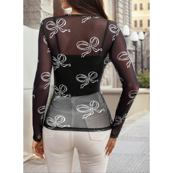 Black Mesh Bow Print Long Sleeve Top