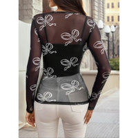 Black Mesh Bow Print Long Sleeve Top
