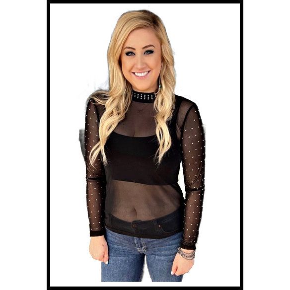 Black Mesh Long Sleeve Top with Rhinestones - Rhinestone Gal