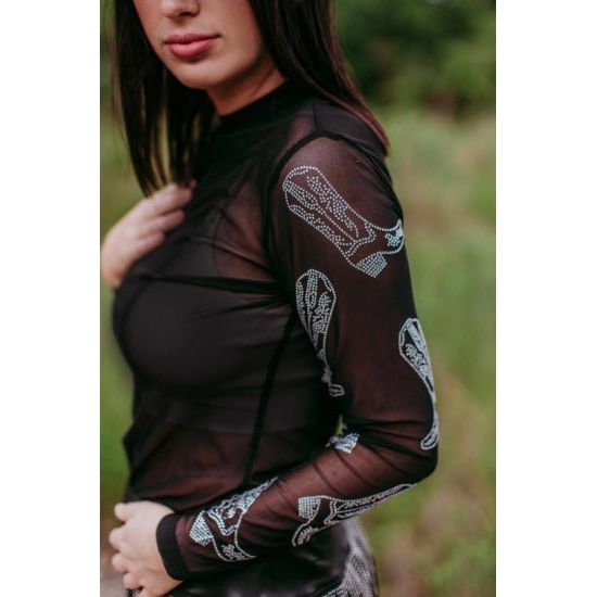 Django Black Mesh Top with Rhinestone Boot Embellishments