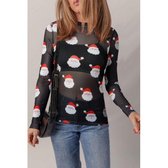 Black Santa Mesh Top – Sheer Holiday Long Sleeve