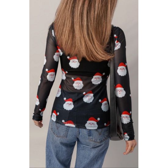 Black Santa Mesh Top – Sheer Holiday Long Sleeve