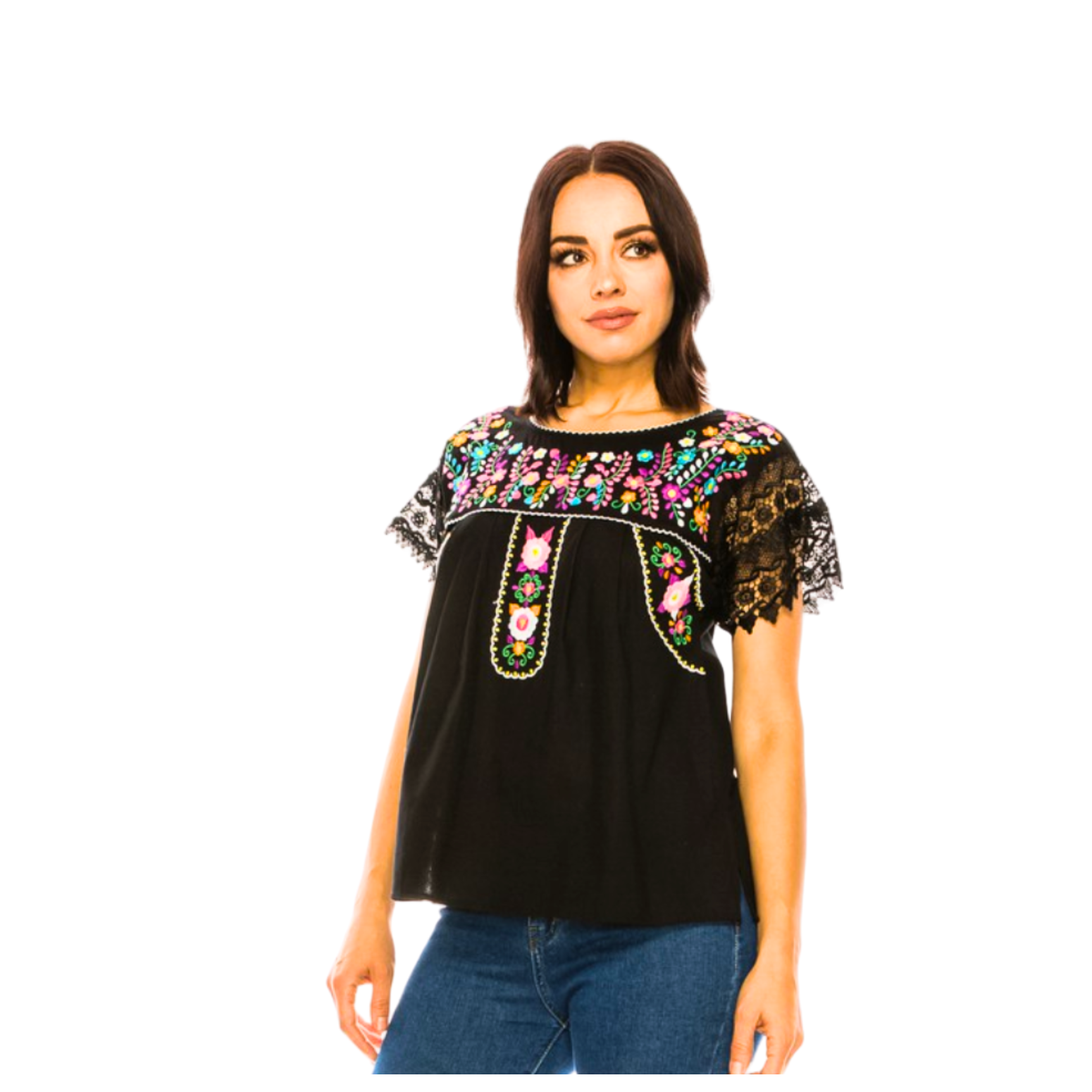 Black Embroidered Mexican Lace Sleeve Blouse