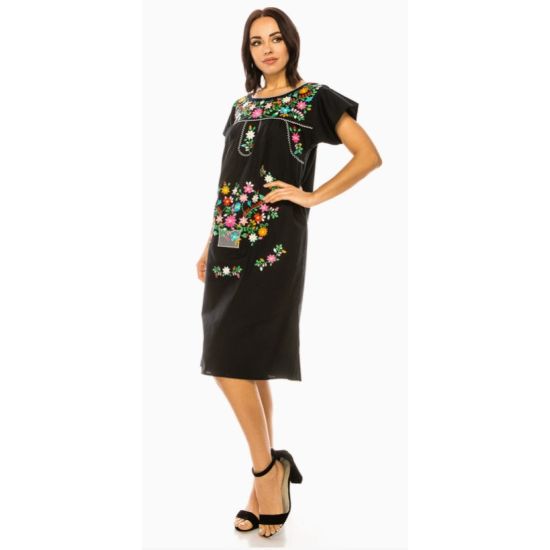 Black Traditional Floral Embroidered Cotton Dress