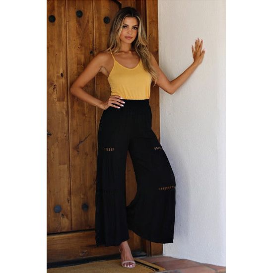 Black Wide Leg Pants with Lace Insert