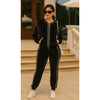 Black Ribbed Pearl Trim Velour Jogger Set with Hoodie