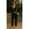 Black Ribbed Pearl Trim Velour Jogger Set with Hoodie
