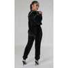 Black Ribbed Pearl Trim Velour Jogger Set with Hoodie