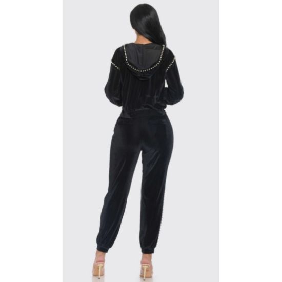 Black Ribbed Pearl Trim Velour Jogger Set with Hoodie