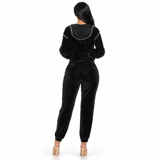 Black Pearl Trim Velour Jogger Set