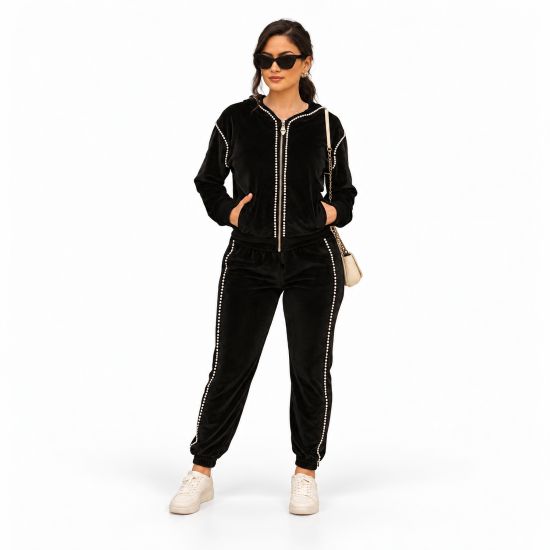 Black Pearl Trim Velour Jogger Set