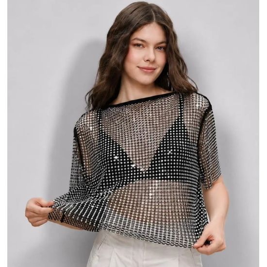 Black Rhinestone Mesh Cover Up Top