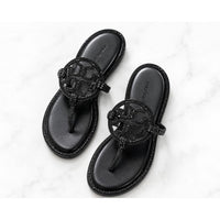 Black Leather Rhinestone Designer Inspired Thong Sandals