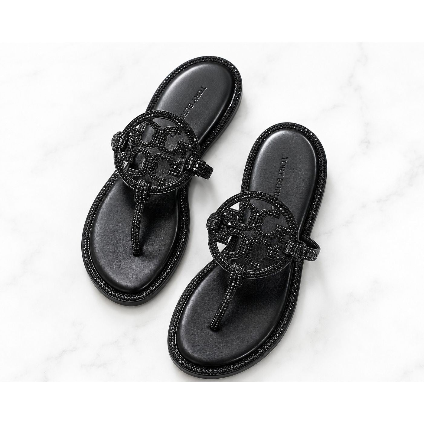 Black Leather Rhinestone Designer Inspired Thong Sandals