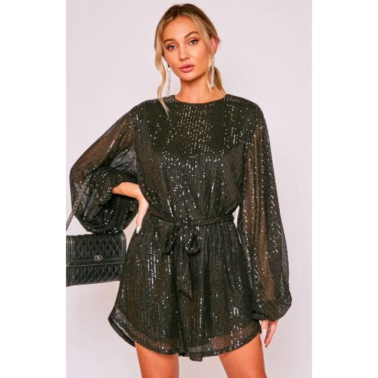 Black Shimmer Balloon Sleeve Belted Mini Dress