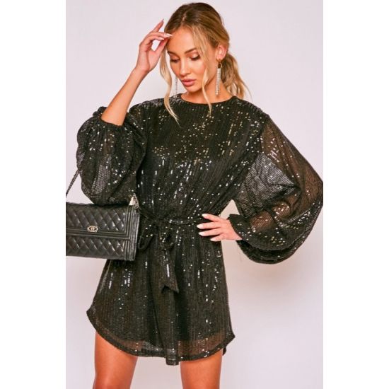 Black Shimmer Balloon Sleeve Belted Mini Dress